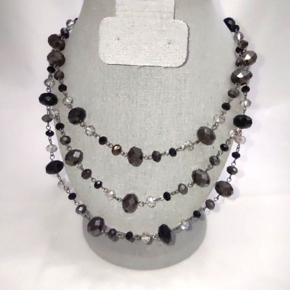 22 Inch Three Tier Black &‎ Clear Beaded Necklace